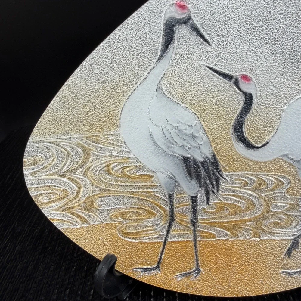 Ando Cloisonne Japanese Enamel Fan Plate Red Crowned‎ Cranes Silver Gold w Stand